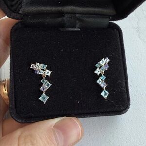 Solid Yellow Gold & Blue Topaz Drop Earrings